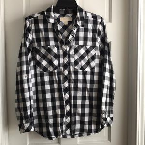 Michael Kors Black/White Checked Roll Tab Blouse